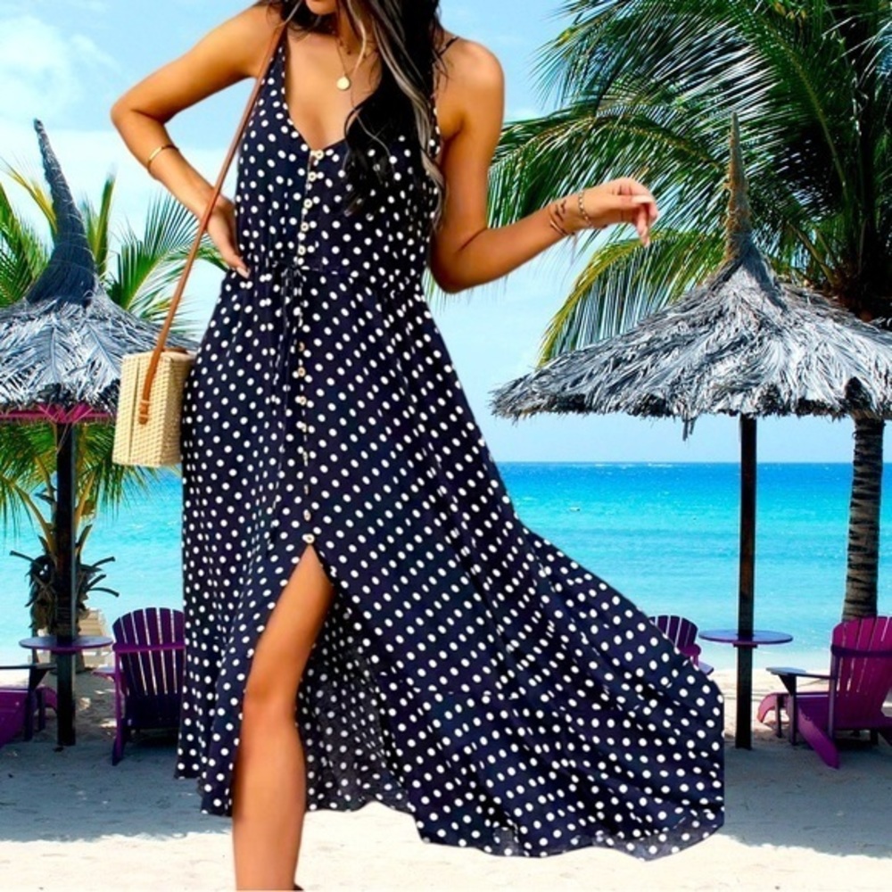 Polka dot Navy blue button down dress size medium